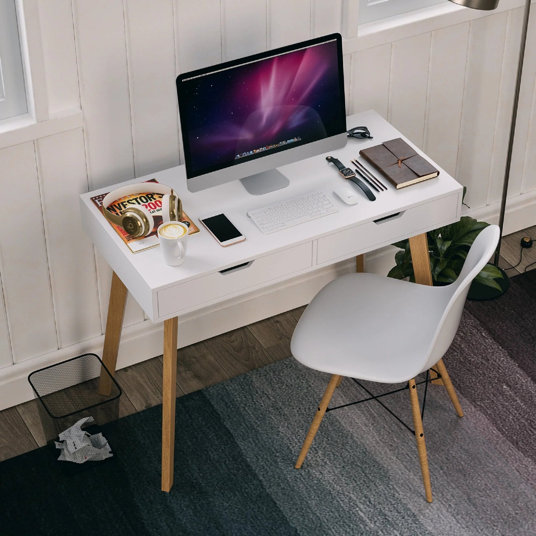 Homfa White Desk with Drawers, Study Work Desk Table for Home Office Writing